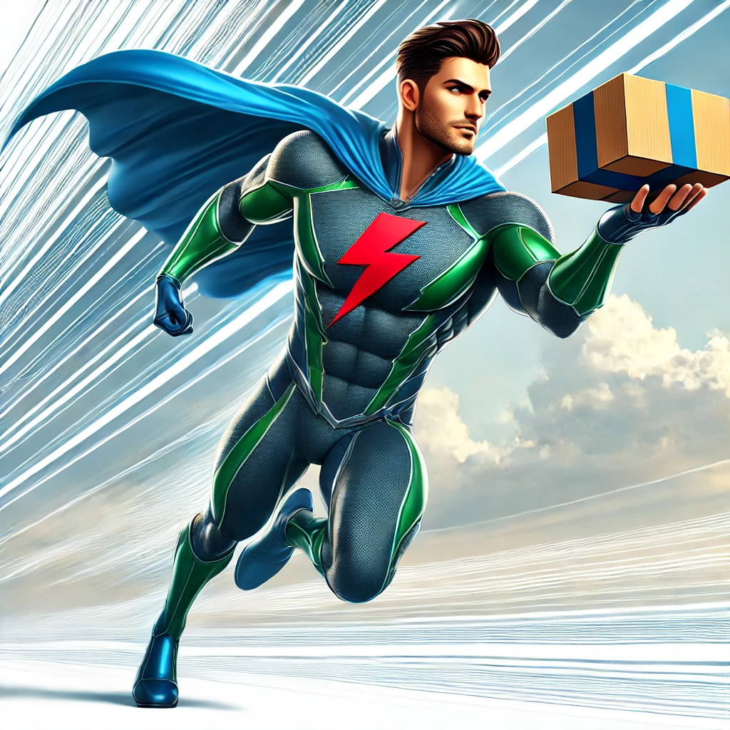 Return Hero superhero with lightning bolt and package